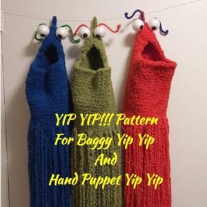Yip the Softy Alien Crochet Pattern for Hand Puppet and Bag.