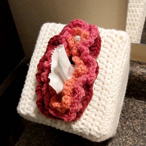 May include: A white crocheted tissue box cover with a pink, red, and orange crocheted flower design. The flower has a pearl in the center.