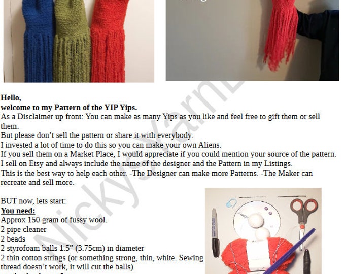 Yip the Softy Alien Crochet Pattern for Hand Puppet and Bag.