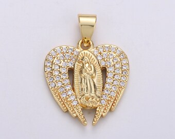 6 Angel Wing Charms Shiny Gold Tone Double Heart Pendants Filigree Religious