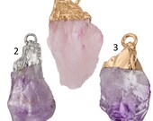Rose Gold Quartz Amethyst Ice Cluster Crystal Pendant Druzy Clear Natural Raw Rough Stone Dipped Spike Point Plated Unisex Jewelry Making