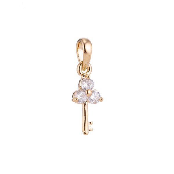 Dainty key Pendant Charm 18K Gold Filled with Cubic Zircon (CZ) Rhinestone for DIY Necklace Gift Bails Findings for Jewelry Making Supplies