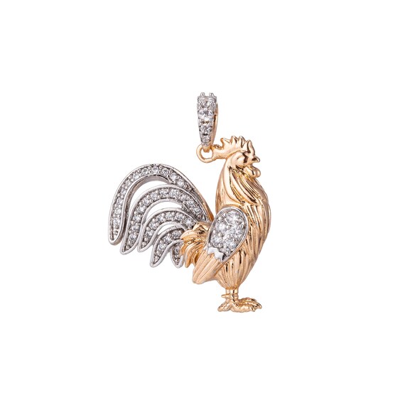 18k Gold Fill Rooster Pendant In Cz Cubic Zirconia Charm - Gold Rooster Pendant