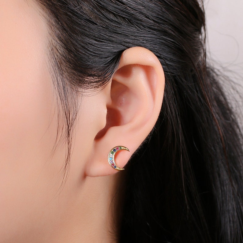 Moon Stud Earrings for Women dainty moon studs Crescent Moon studs Micro pave Gold Celestial Jewelry gift for her