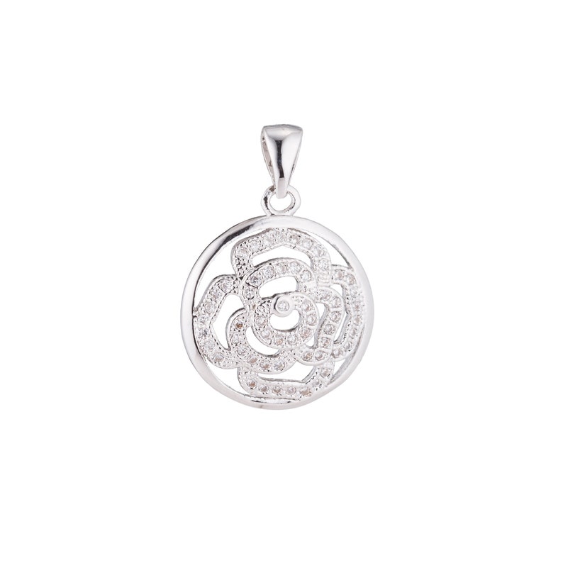 1pc Silver Rose Ring Floral Romantic Lover Gift Women Cubic Zirconia Necklace Pendant Micro Pave Charm for Jewelry Making Flower