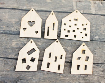 Set of 6 Wooden houses Laser Cut - unfinished blank - 3.9 inches - Home Decor - Laser cut wood - plywood