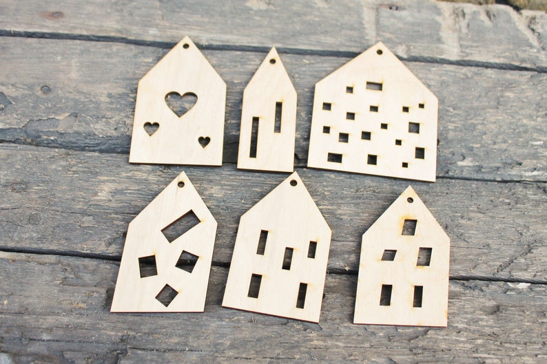 Set of 6 Wooden houses Laser Cut unfinished blank 3.9 inches Home Decor Laser cut wood plywood image 1