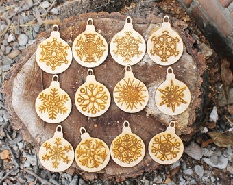 Christmas tree balls - 3.5 inches - 12 variants - cut of high quality plywood - Christmas snowflake ornament, New Year decor - 003