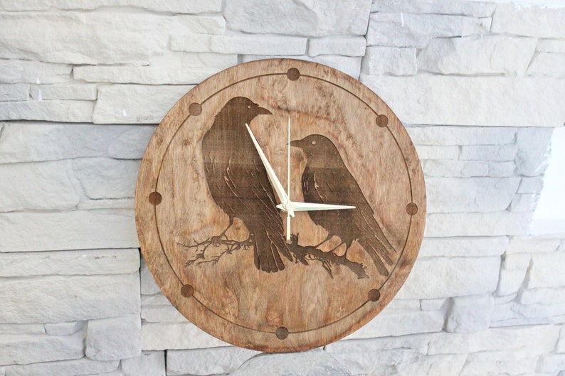 Wooden clock Crows chestnat color 310 mm 12.2 inches light and ready to ship handmade clock Silent clock mechanism image 1