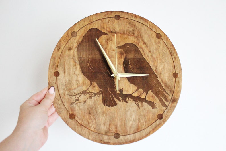Wooden clock Crows chestnat color 310 mm 12.2 inches light and ready to ship handmade clock Silent clock mechanism image 4