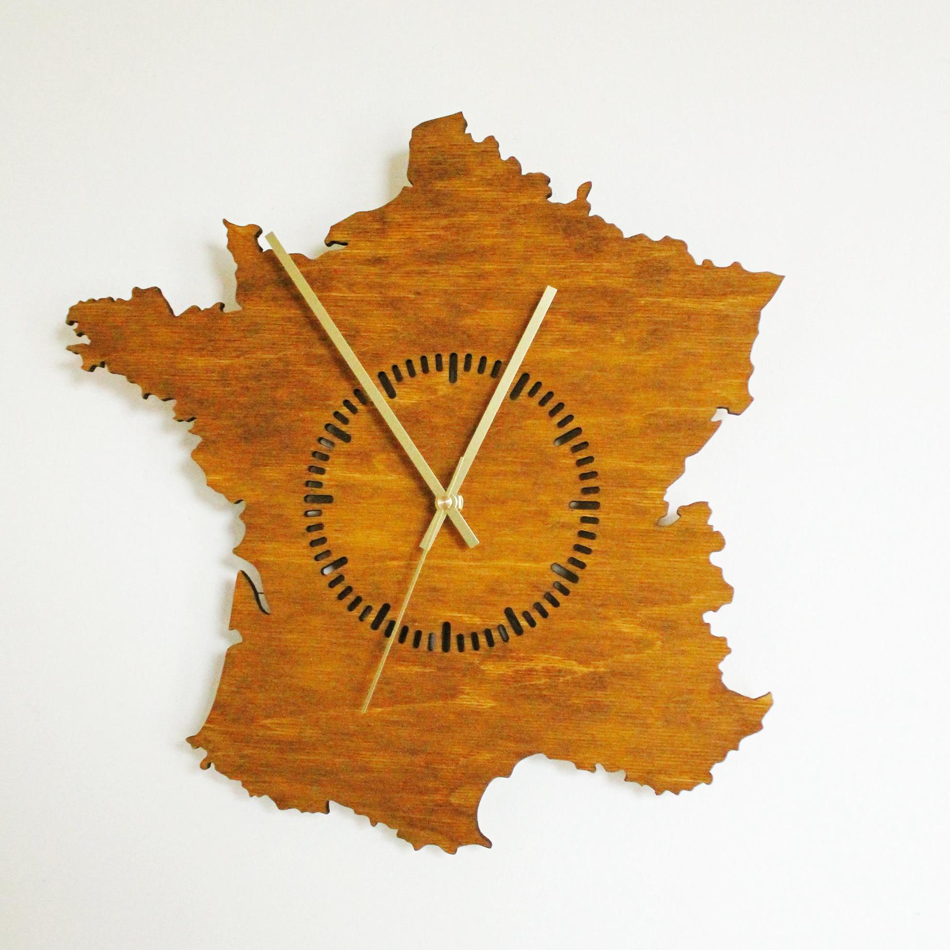 Wooden modern clock - France - map - chestnat wood color - 360 mm - 14 inches - handmade clock - Silent clock mechanism