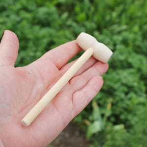 May include: A small, light-colored wooden mallet with a cylindrical handle and a rectangular head. The mallet is held in a hand against a blurred green background, suggesting an outdoor setting. The wood appears to be unfinished.