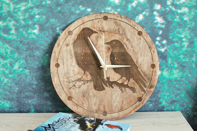 Wooden clock Crows chestnat color 310 mm 12.2 inches light and ready to ship handmade clock Silent clock mechanism image 7