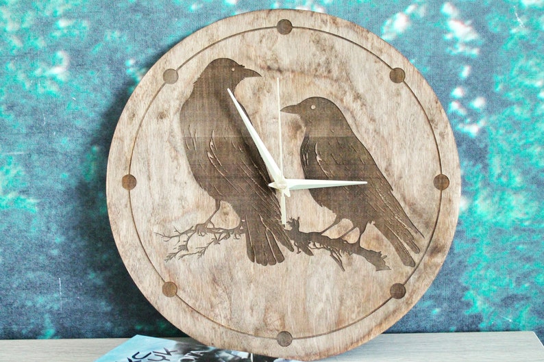 Wooden clock Crows chestnat color 310 mm 12.2 inches light and ready to ship handmade clock Silent clock mechanism image 8