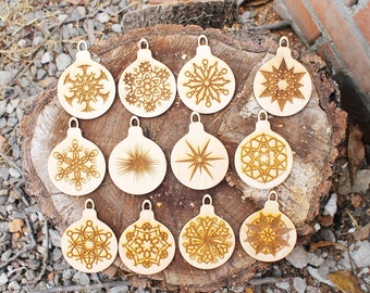 Christmas tree balls - 3.5 inches - 12 variants - cut of high quality plywood - Christmas snowflake ornament, New Year decor - 001