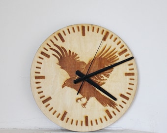 Wooden clock - Crow - natural color - 300 mm - 11.8 inches - ready to ship - handmade clock - Silent clock mechanism