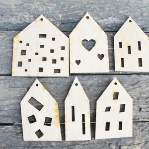 Set of 6 Wooden houses Laser Cut unfinished blank 3.9 inches Home Decor Laser cut wood plywood image 8