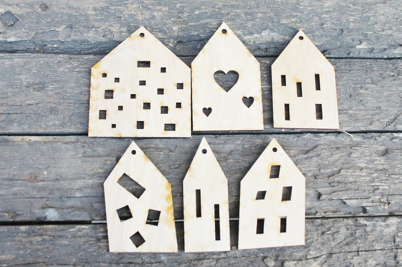 Set of 6 Wooden houses Laser Cut unfinished blank 3.9 inches Home Decor Laser cut wood plywood image 8