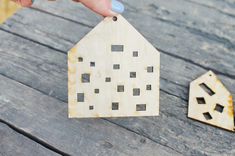 Set of 6 Wooden houses Laser Cut unfinished blank 3.9 inches Home Decor Laser cut wood plywood image 10