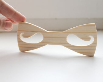 Unfinished wooden bow tie with the mustaches inside - natural - eco friendly - Pine wood