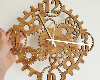 Relógio de madeira - Engrenagens - cor castanho - 350 mm - 13,8 polegadas - leve e pronto para envio - relógio artesanal - Mecanismo de relógio silencioso