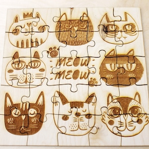 Wooden puzzle - Funny Cats - kids adult puzzle - laser cut puzzle blank 7.9 inch - Wooden Puzzle - engraving puzzle - made of plywood