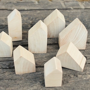 Wooden houses set of 8 solid linden wood - unpainted natural wood, DIY, wooden toys, wooden decorative houses