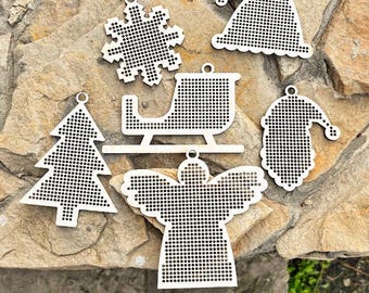 大きな木製クリスマスクロスステッチブランクセット - レーザーカットされたバーチ合板のオーナメント、大きな穴付き（2.25 mm） - 刺繍装飾