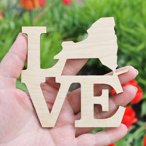 New York - LOVE Zustand Inschrift - Laser Cut - unfertiger Rohling - 4 Zoll - New York Map Shape Text