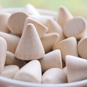 May include: A bowl filled with small, wooden, cone-shaped pieces. The cones are a light beige colour and are arranged in a random pattern.