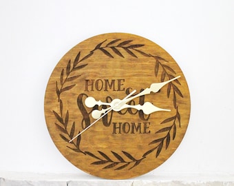 Wooden clock "Home Sweet Home" - walnut color - 320 mm - 12.6 inches - handmade clock - Silent clock mechanism