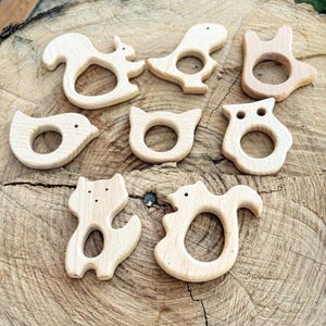 Peut inclure: Ensemble de jouets de dentition en bois en forme d'animaux, dont un &eacute;cureuil, un dinosaure, un oiseau, un chat, un hibou et un renard. Les jouets sont en bois clair et ont une finition lisse. Ils sont dispos&eacute;s sur une surface en bois.