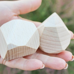 May include: Two wooden geometric shapes, one is a rounded diamond shape and the other is a more angular diamond shape, both are light brown in color.