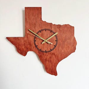 Handmade Texas Wall Clock from Birch Plywood - Laser Cut Wooden Clock - Mahogany Stain Rustic Home Decor - State Shape Wall Art