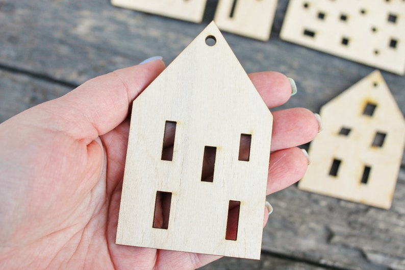 Set of 6 Wooden houses Laser Cut unfinished blank 3.9 inches Home Decor Laser cut wood plywood image 3