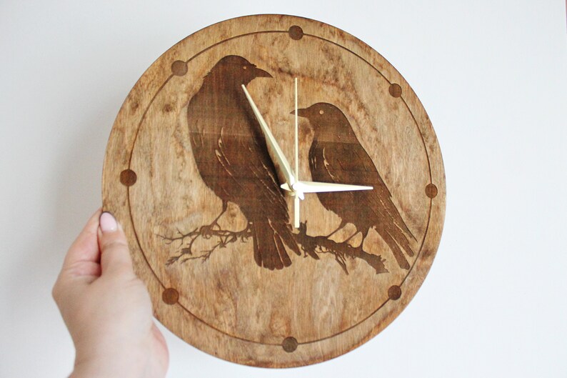 Wooden clock Crows chestnat color 310 mm 12.2 inches light and ready to ship handmade clock Silent clock mechanism image 5