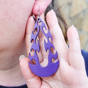 Wooden tribal purple earrings - 3 inches - with silver plated hooks - handmade earrings