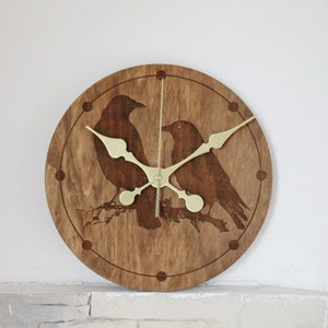 Wooden clock - Crows - chestnat color - 300 mm - 11.8 inches - ready to ship - handmade clock - Silent clock mechanism