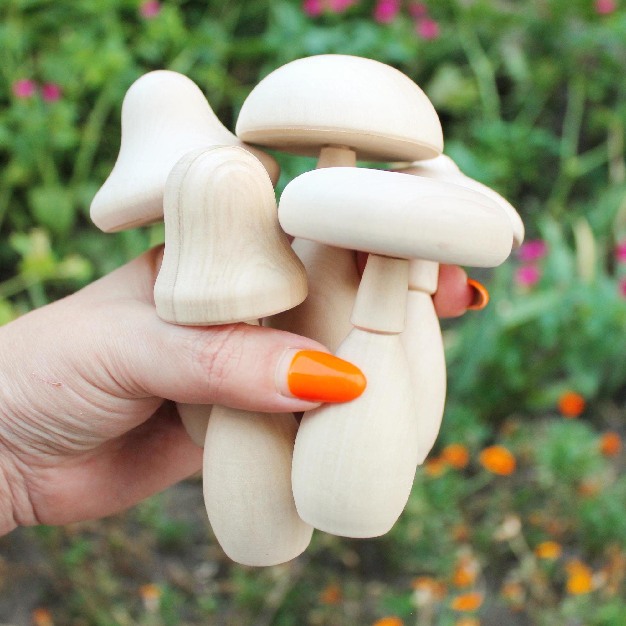 Set of five Wooden mushrooms - 91 to 112 mm - 3.6 to 4.4 inches - unfinished wooden handmade mushrooms - made of alder wood