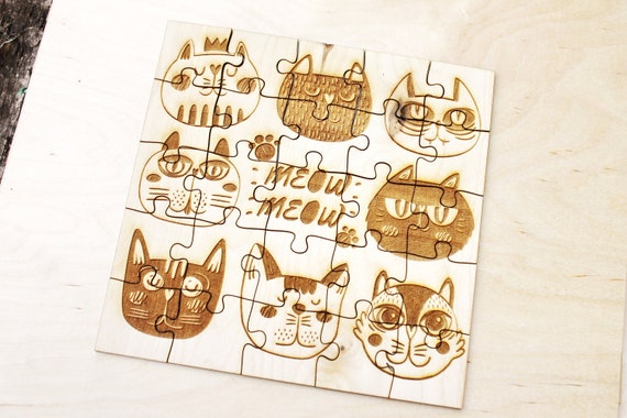 木製パズル - 面白い猫 - 子供と大人のパズル - レーザーカットパズル