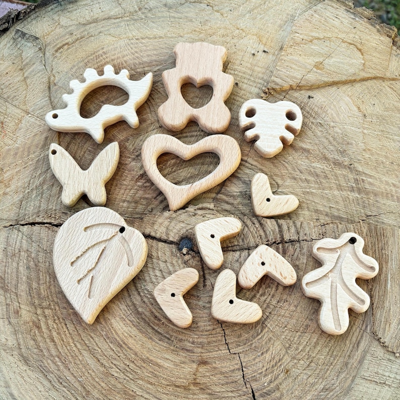 Natural Beech Wood Charms – Smooth Wooden Shapes for DIY Jewelry, Crafts, Sensory Accessories, Teething Necklace, Sling Beads Supplies image 1