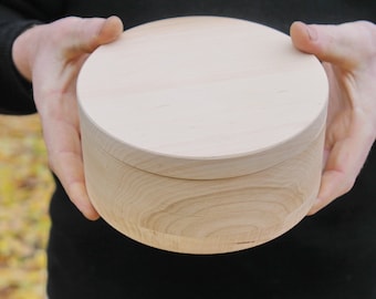 160 mm x 80 mm - Round unfinished wooden box - with cover - natural, eco friendly - 160 mm diameter
