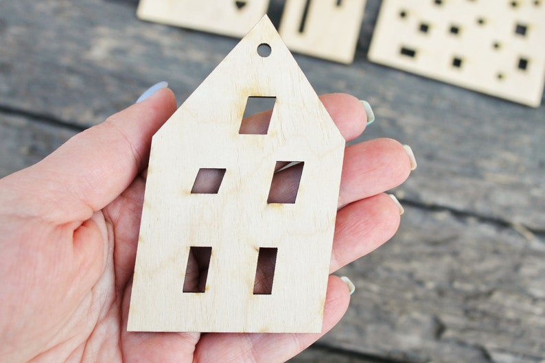 Set of 6 Wooden houses Laser Cut unfinished blank 3.9 inches Home Decor Laser cut wood plywood image 4