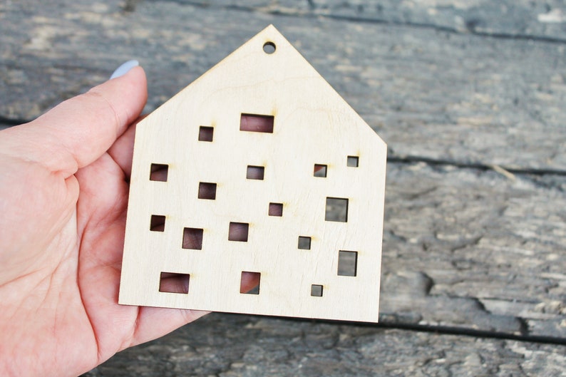 Set of 6 Wooden houses Laser Cut unfinished blank 3.9 inches Home Decor Laser cut wood plywood image 7