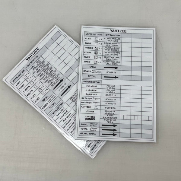 Yahtzee scoresheet, dry erase, reusable, fun, double sided.