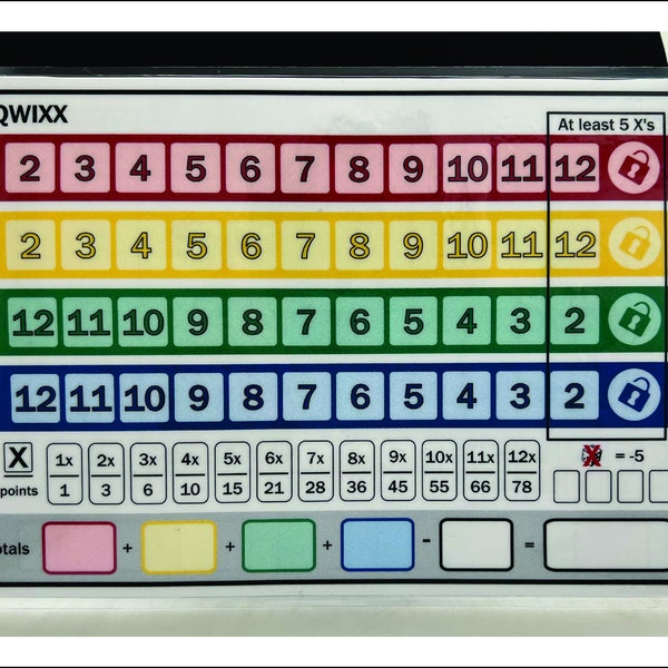 Qwixx scoresheet, dry erase, reusable, fun, double sided.