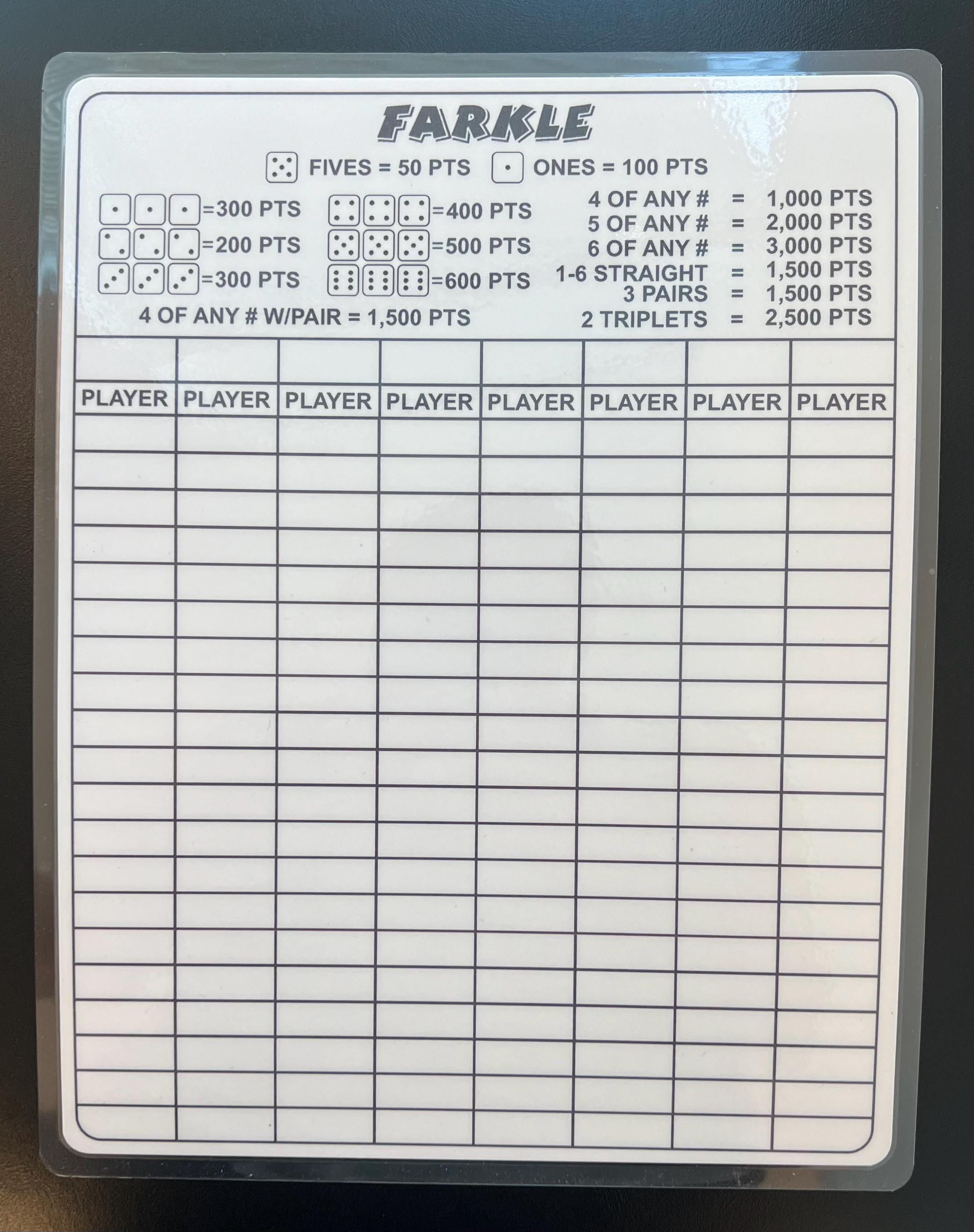 Large Farkle Scoresheet, Dry Erase, Reusable, Fun, Double Sided. - Etsy
