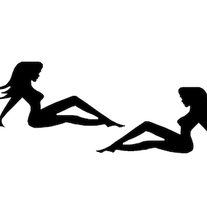 May include: Two black silhouette decals of a person sitting with their legs outstretched. The decals are perfect for adding a unique touch to any car or truck.