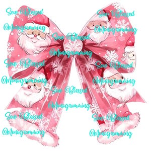 Puede incluir: Un lazo de Navidad rosa con un diseño de acuarela con caras de Papá Noel y copos de nieve. El lazo tiene el texto "Sew Blessed Monogramming" repetido alrededor de los bordes.