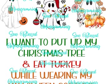 Ghosts put up Christmas tree eat turkey in Halloween costume png